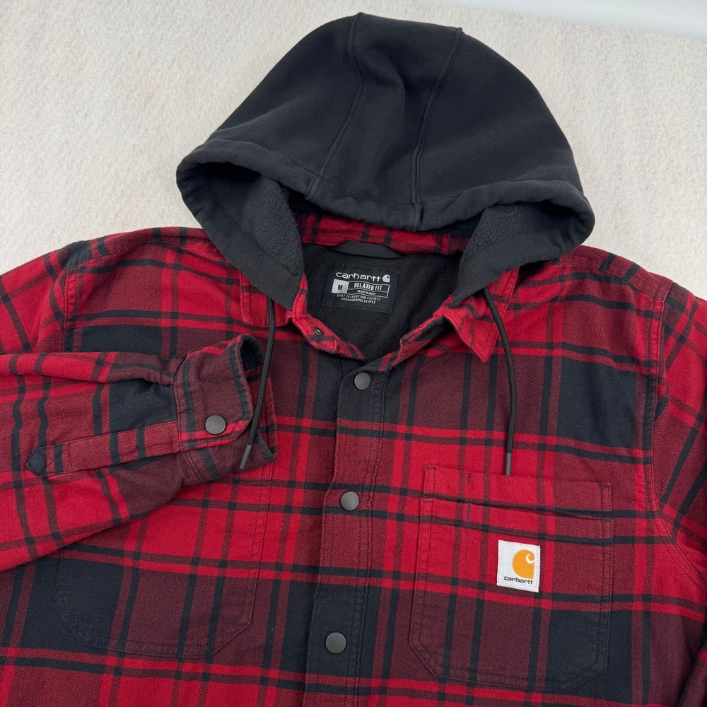 Carhartt Mens M Relaxed Fit Hooded Fleece Lined Shirt Jacket Red/Black Plaid